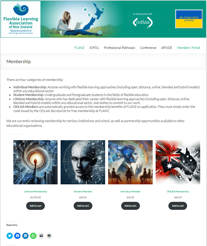 Web page with membership benefits, categories and fees