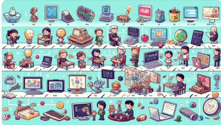Animated image illustraing the history of the development educational technology