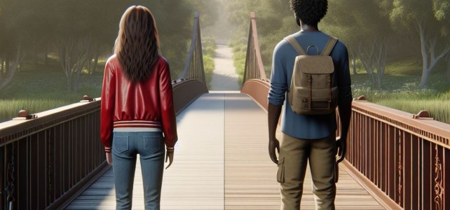 two people standing on a bridge
