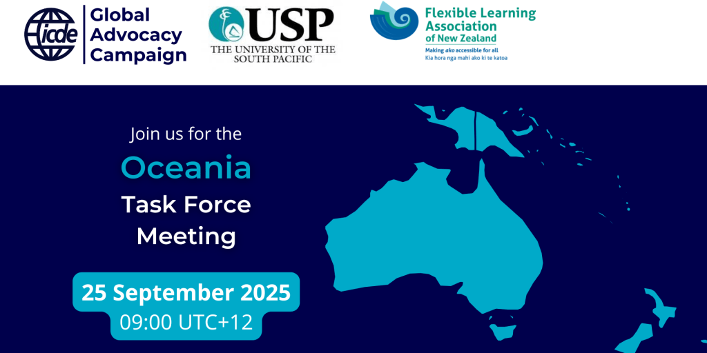 Promo image for the Task Force meeting showing a stylised map of Oceania and the event details, the ICDE, USP, and FLANZ logos.