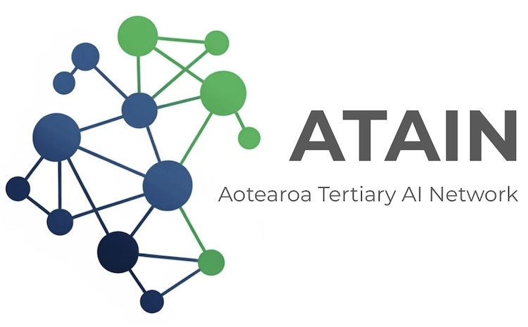 Logo for ATAIN showing a network diagram with blue and green interconnected notes and the subtitle Aotearoa tertiary AI network