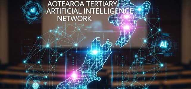 Lecture theatre overlayed with digital map of New Zealand