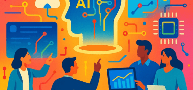 A colorful illustration showing four people collaborating around artificial intelligence. At the center is a large glowing outline of a human head with ‘AI’ and circuit patterns inside it. Around the group are stylized icons of gears, cloud storage, charts, data windows, and microchips.
