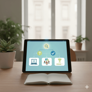 An illustration of a tablet displaying a flow chart related to learning. The chart includes icons for a laptop, a group of people, and a trophy with a progress bar. The tablet sits on a wooden desk next to a potted succulent, with a notebook open in front of it and a window showing an out-of-focus building in the background.