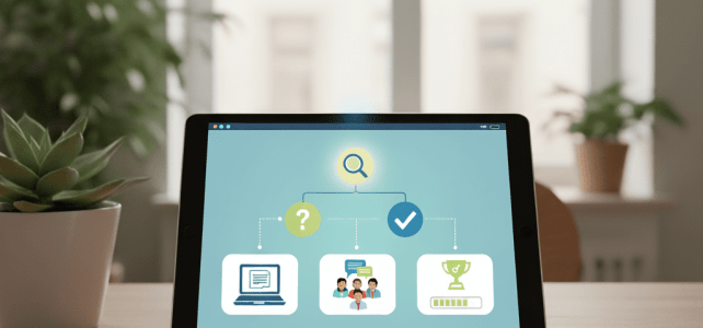 An illustration of a tablet displaying a flow chart related to learning. The chart includes icons for a laptop, a group of people, and a trophy with a progress bar. The tablet sits on a wooden desk next to a potted succulent, with a notebook open in front of it and a window showing an out-of-focus building in the background.