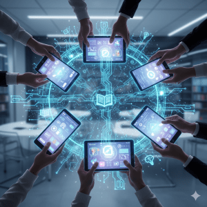 Diverse hands hold seven glowing futuristic devices in a circle, displaying bright learning interfaces. A holographic blue and cyan network visualization with educational icons overlays the scene, set against a soft-focus modern background.