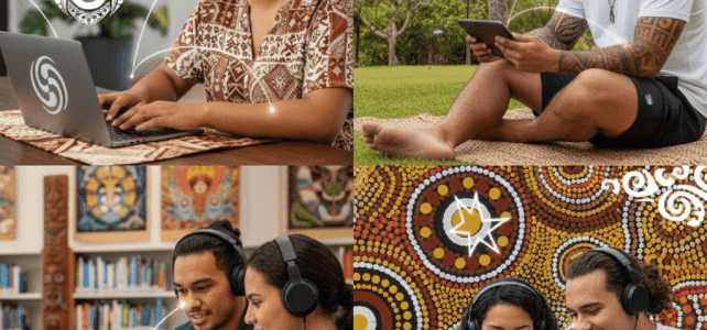 Four panels showing diverse students engaged in online learning: a woman with headphones at a laptop, a man outdoors with a tablet, two students collaborating at a library computer, and two people sharing a phone, all with art motifs