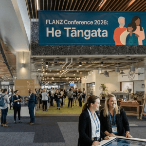 Interior of a conference center with people in it and large banner at the top that reads "FLANZ Conference 2026: He Tāngata"