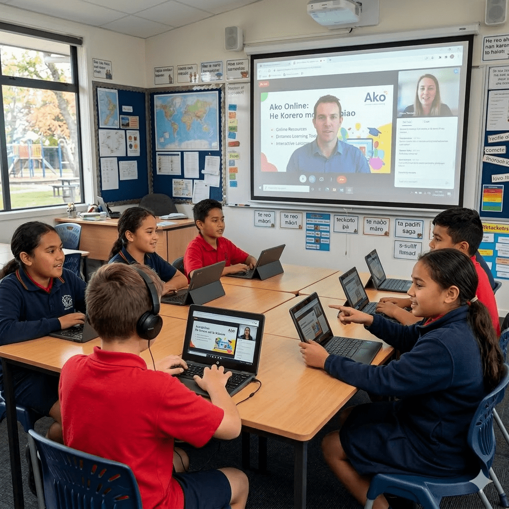 Childern working on computers in a classroom being instructed by a teacher online.