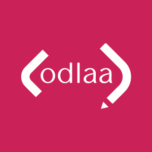 A logo for the Open and Distance Learning Association of Australia featuring the text 'ODLAA' in white on a bright pink background, accompanied by a graphic pencil icon.