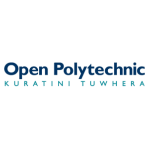 The logo of Open Polytechnic, featuring the text "Open Polytechnic" in large white letters, and "Kuratini Tuwhera" in smaller white letters beneath. The logo has a clean, modern design on a transparent background.